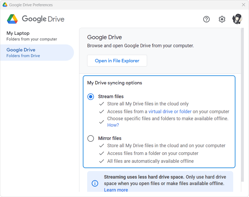 Google Drive sync options with Stream files selected