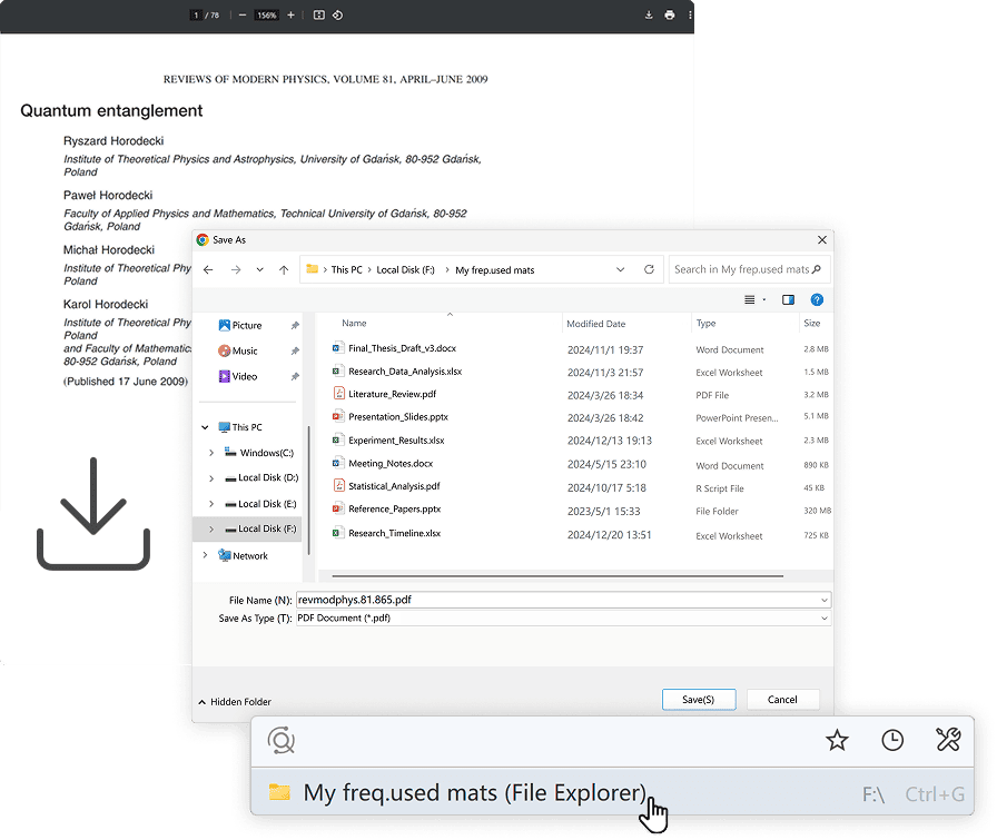A screenshot showcasing an effortless download feature. The top section displays a document titled "Quantum Entanglement" being viewed in a PDF reader. Below, a "Save As" dialog box is open, showing a Windows File Explorer interface with a folder named "My freq.used mats" selected. The interface highlights the automatic suggestion of a recommended download folder to save time. The background is light blue, with the heading "Effortless Downloads" and the subheading "Automatically locate recommended download folders to save time."
