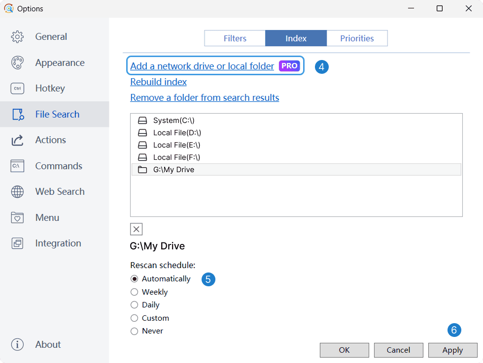 Listary index settings for a Google Drive streaming path