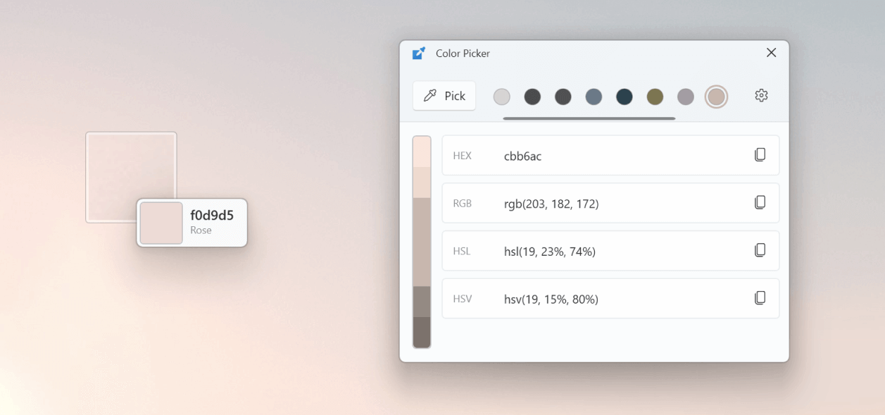 PowerToys Color Picker showing HEX, RGB, HSL, and HSV values