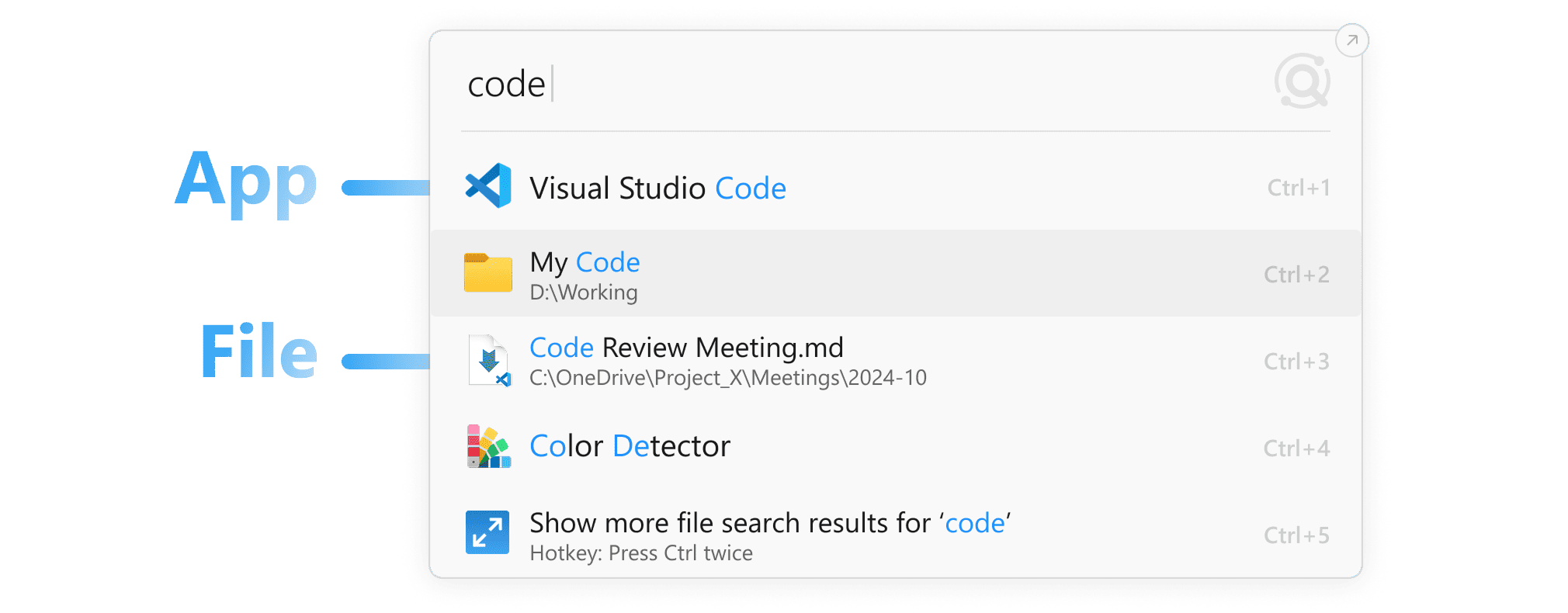 Listary launcher showing apps and files together for a code search.