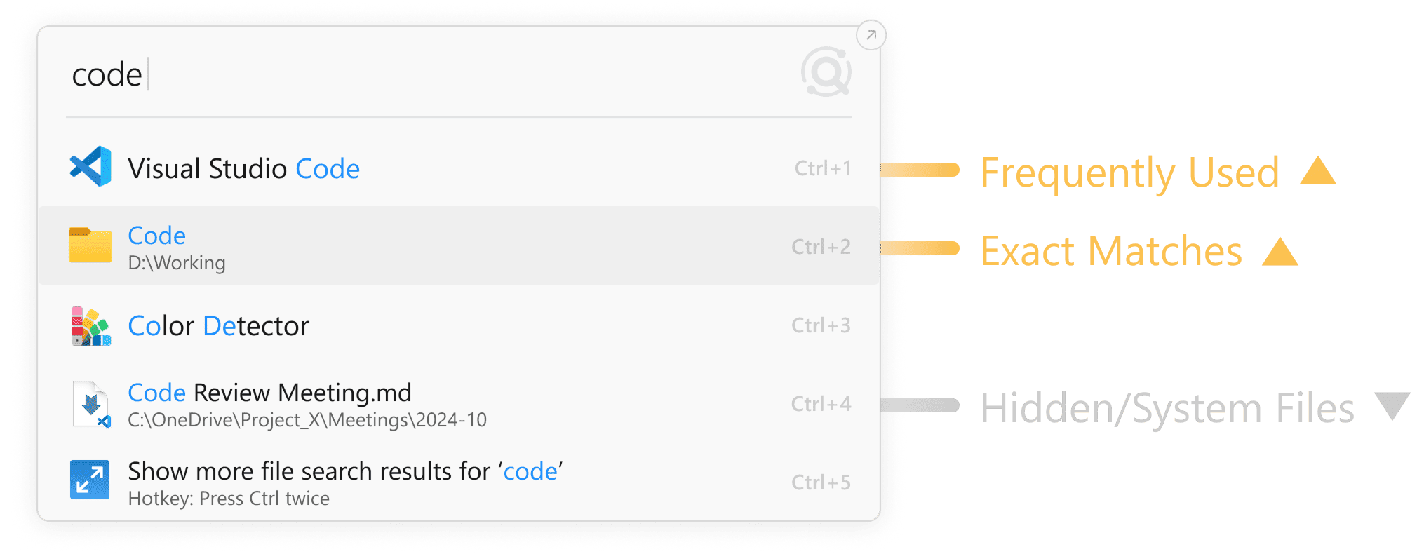 Listary launcher prioritizing frequently used and exact matches for a code search.