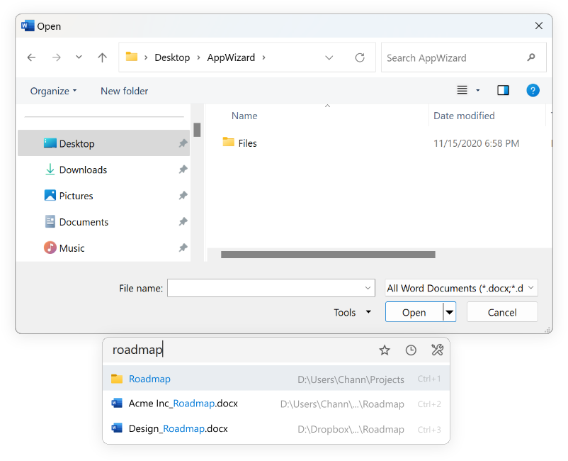 Listary Quick Switch beside a Windows Open dialog