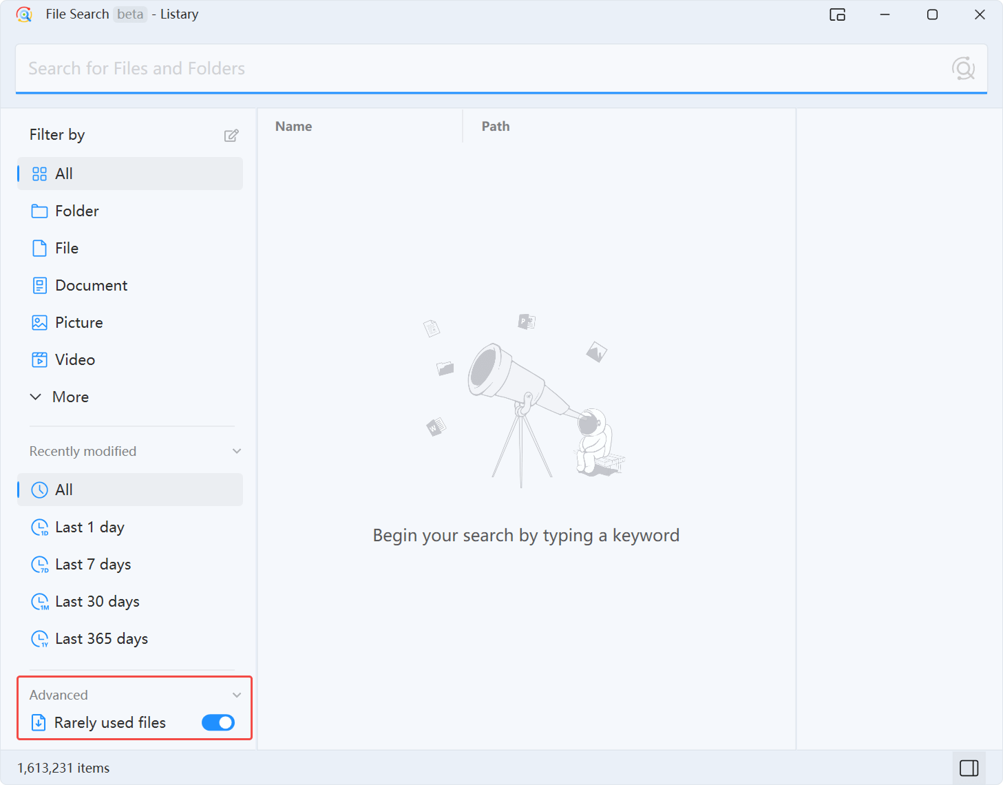 The Listary file search interface supports filtering files by file type, modification time, and advanced options, improving file management efficiency.