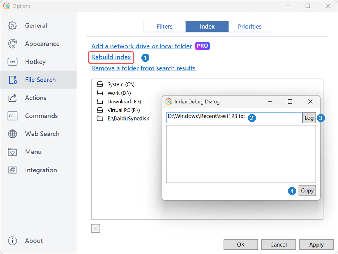 Listary's file search indexing function supports dynamic update of file directory indexes and debugging tools, helping with efficient file management.