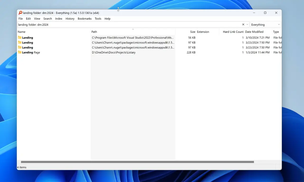 Everything advanced search filtered by folder and date