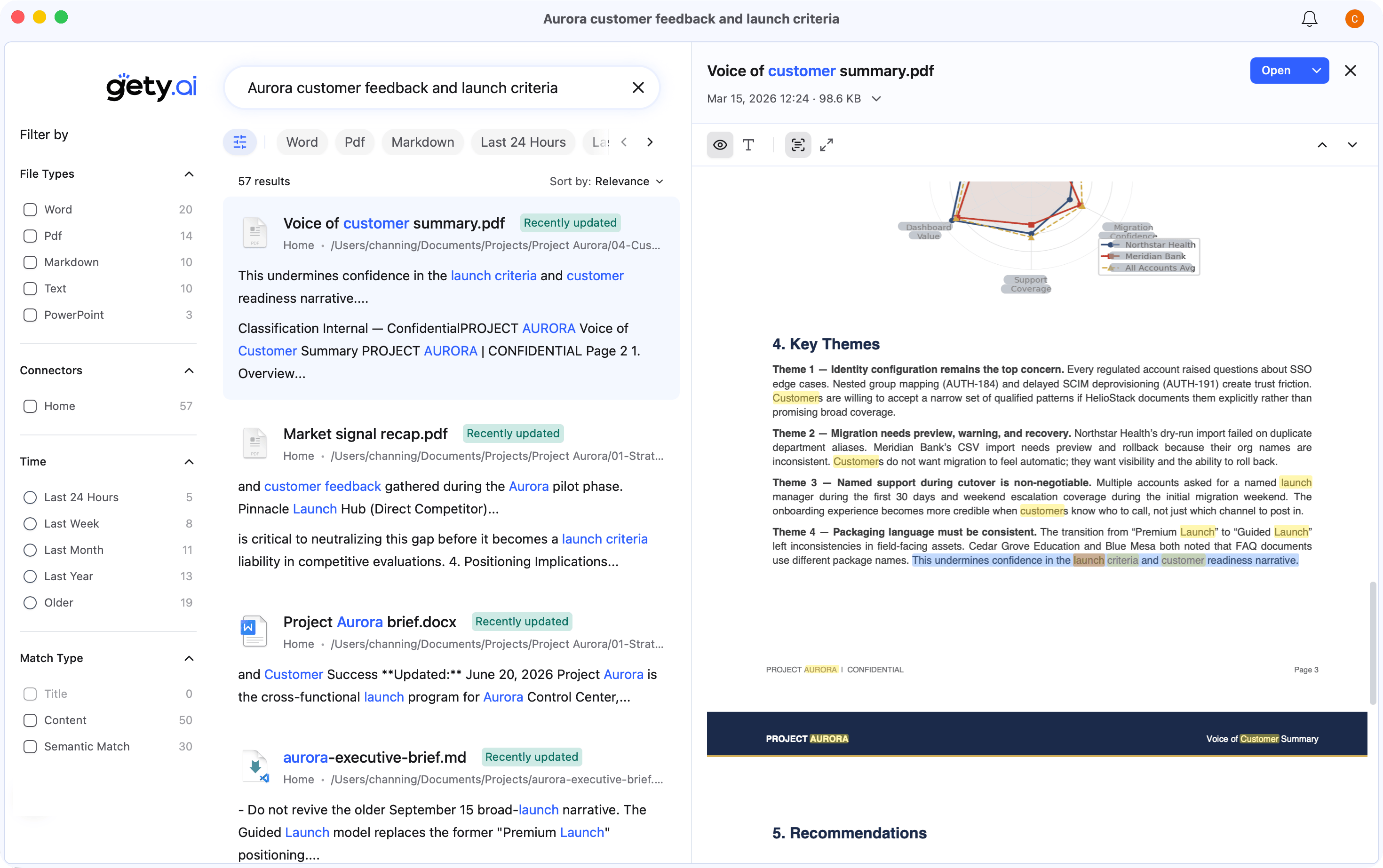 Gety searching for customer feedback, with results on the left and every match highlighted in a PDF preview
