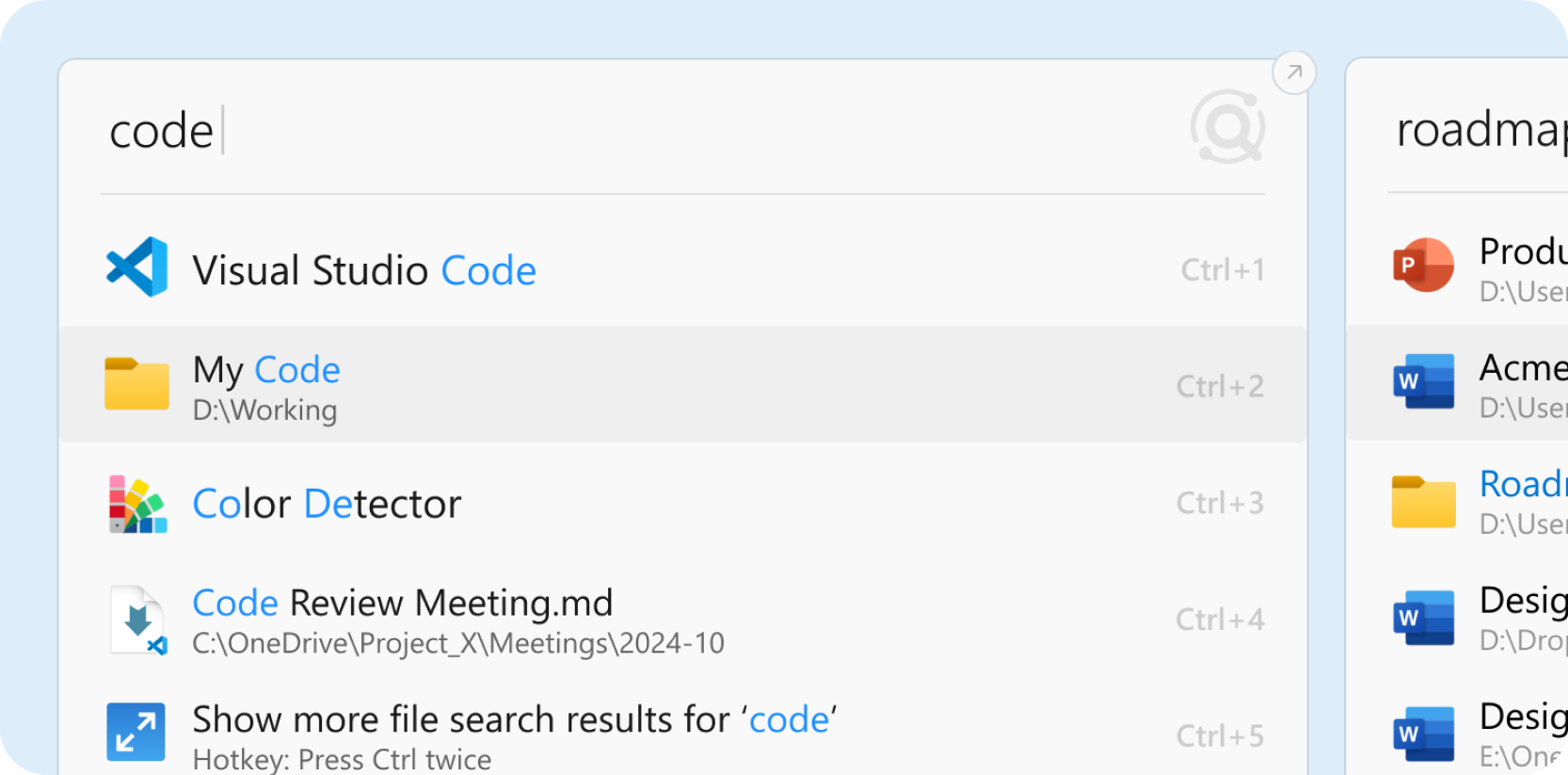 Listary quick start tutorial interface, showing file search and quick operation functions