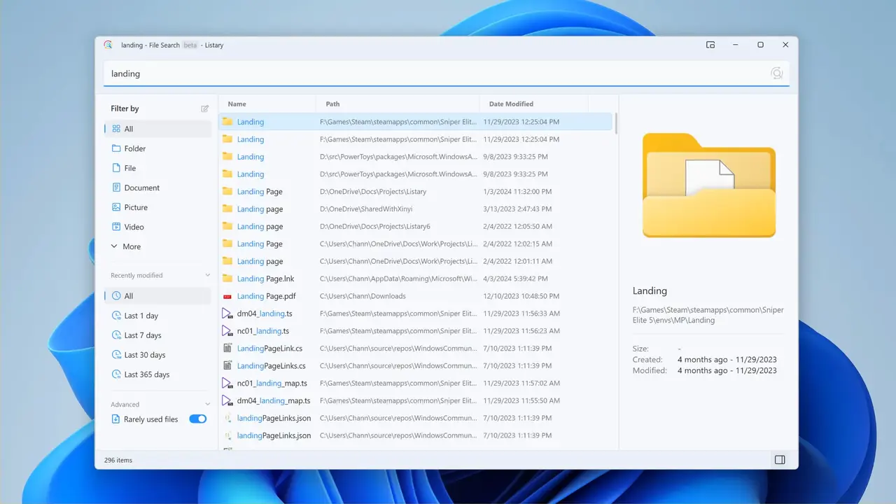 Listary file search results for “landing”