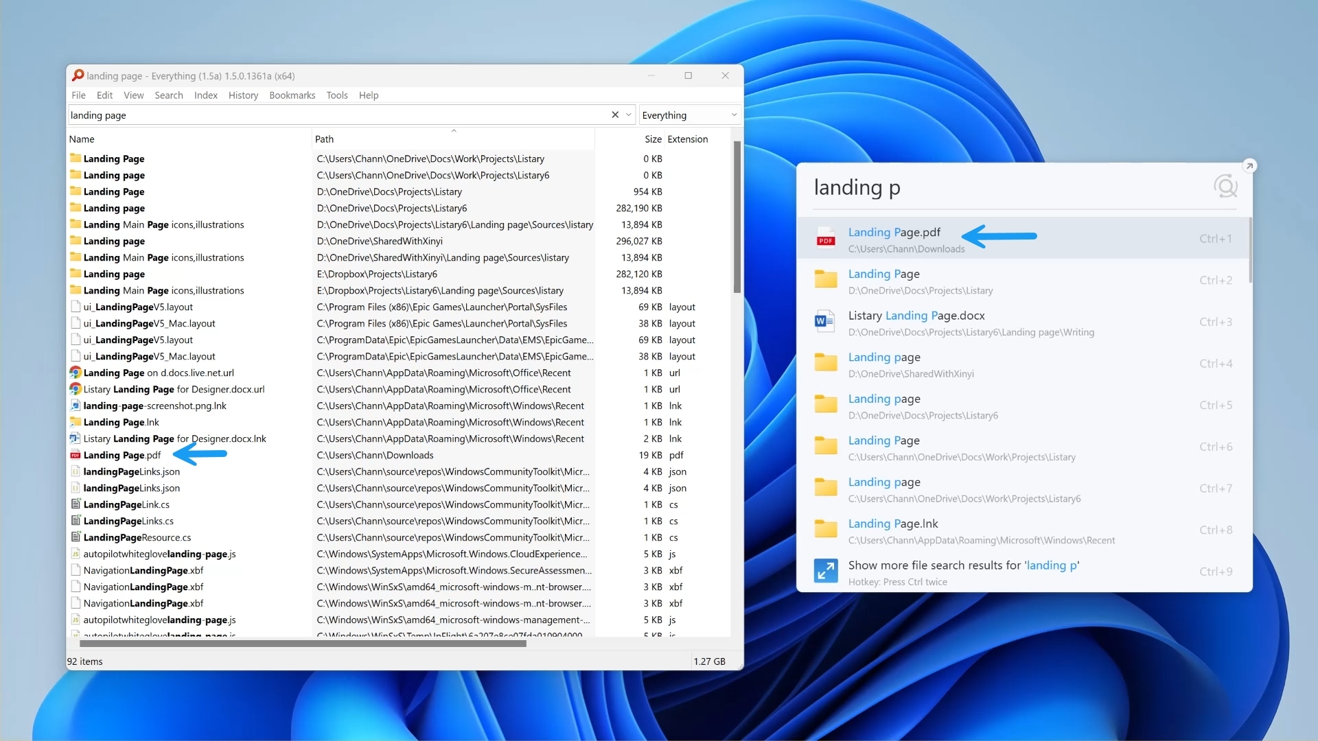 Everything and Listary search results for “landing page” side by side