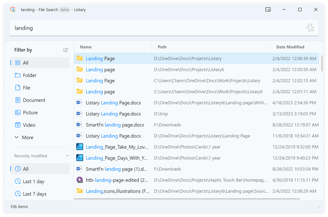 Listary file search window with file type and date filters