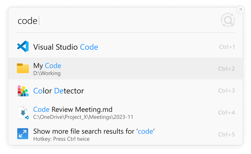 Listary launcher search results for “code”