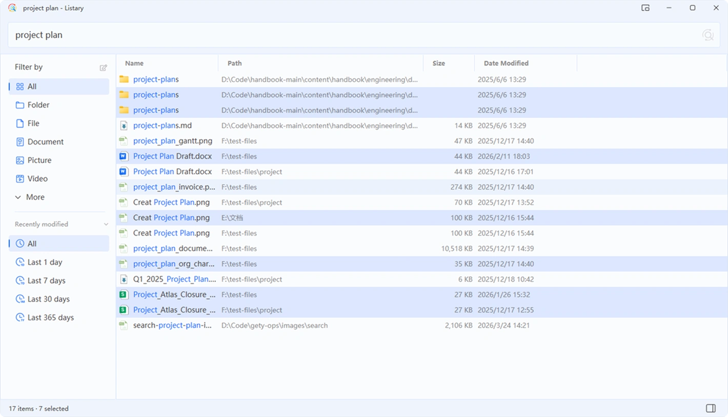 Listary V7 file search window with multiple selected files and a Size column